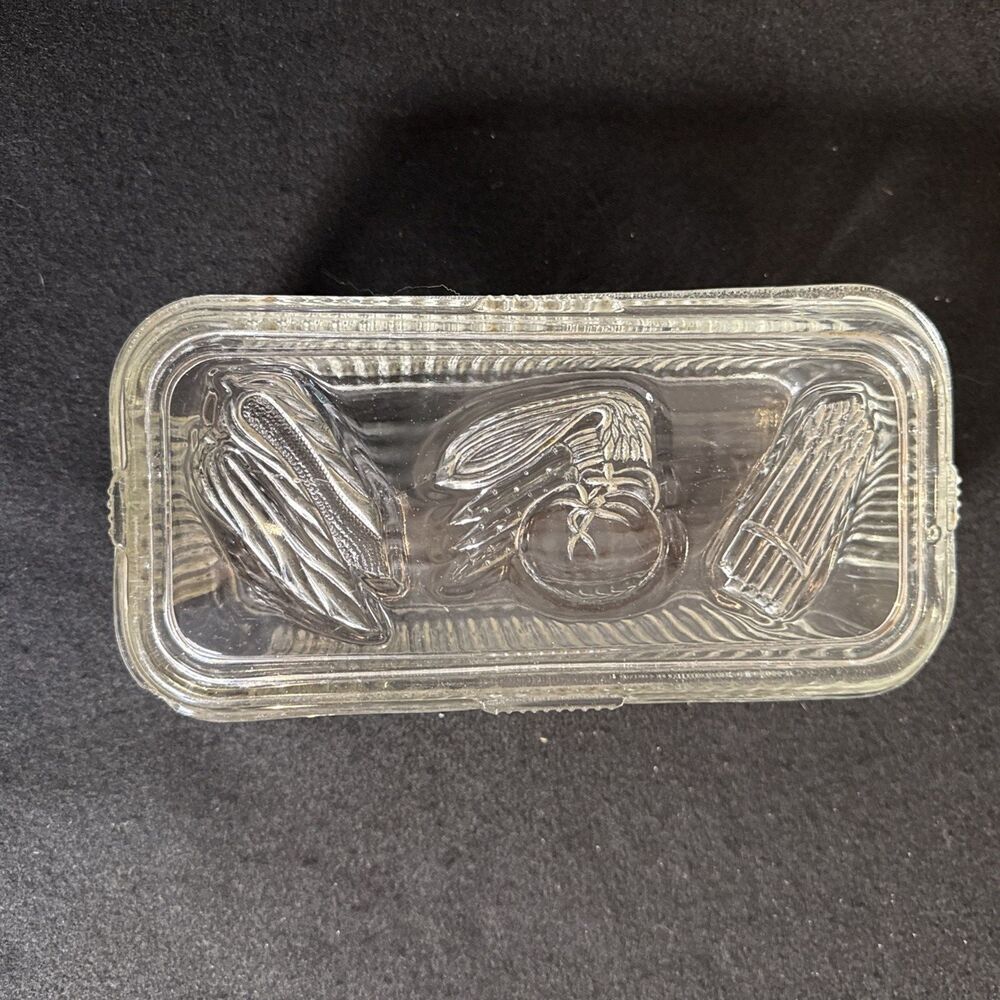 Clear Federal Glass Rectangular Food Storage Container w/ Lid Vegetable Pattern